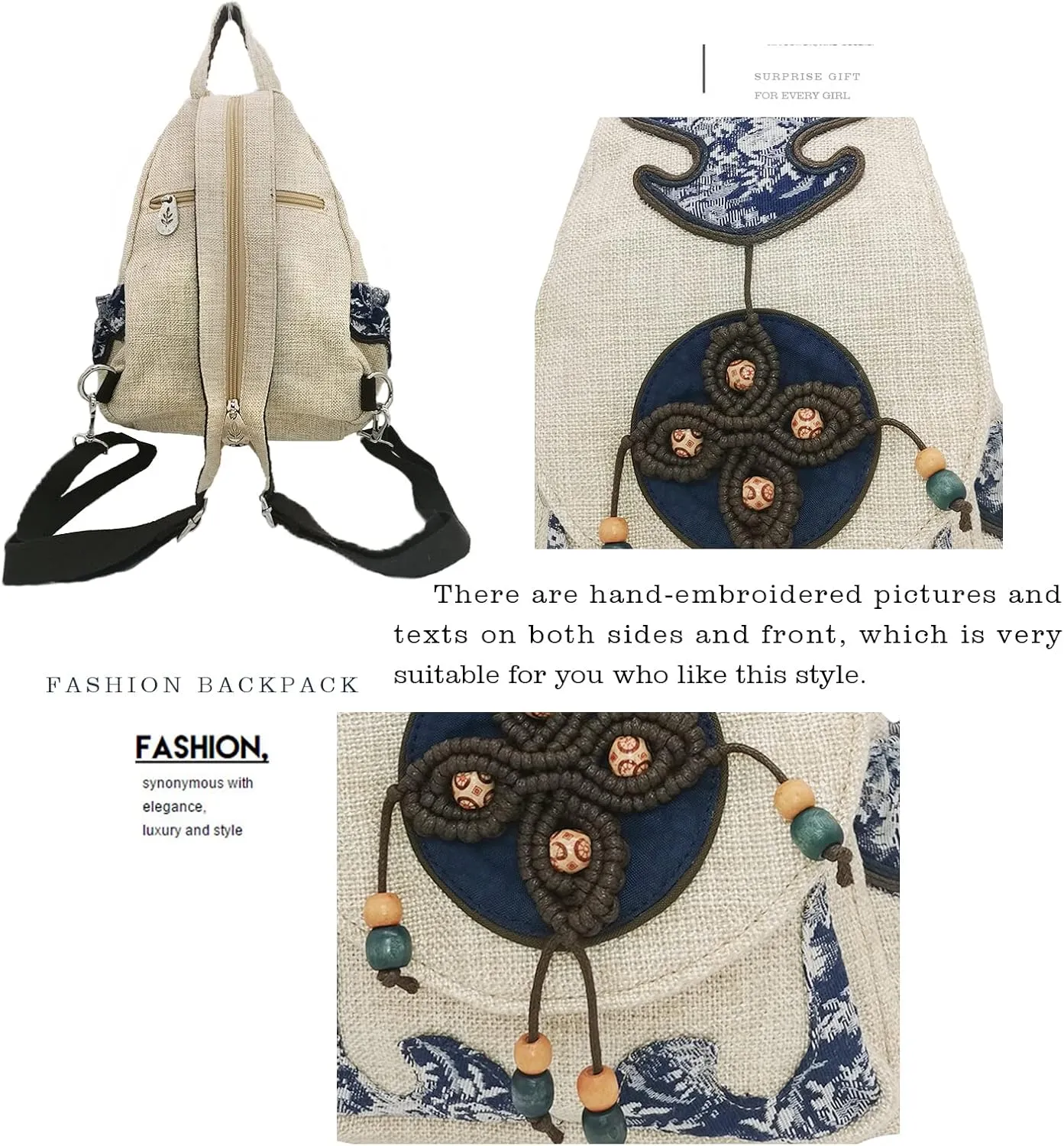 HUANGGUOSHU Women Cotton Woven Hippie Hemp Boho Canvas Embroidery Multi Pocket Retro Cute Backpack Wallet Backpack（Four leaf clover）