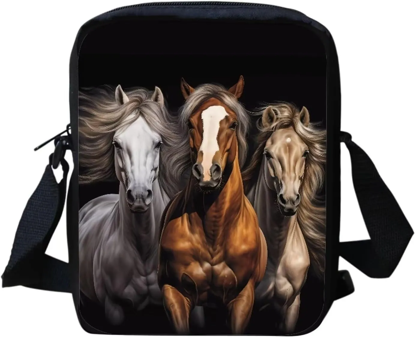 HUGS IDEA Black Horse Print Small Shoulder Messenger Bags Animals Mini Crossbody Handbag Travel Portable Cellphone Pouch Purse Wallet