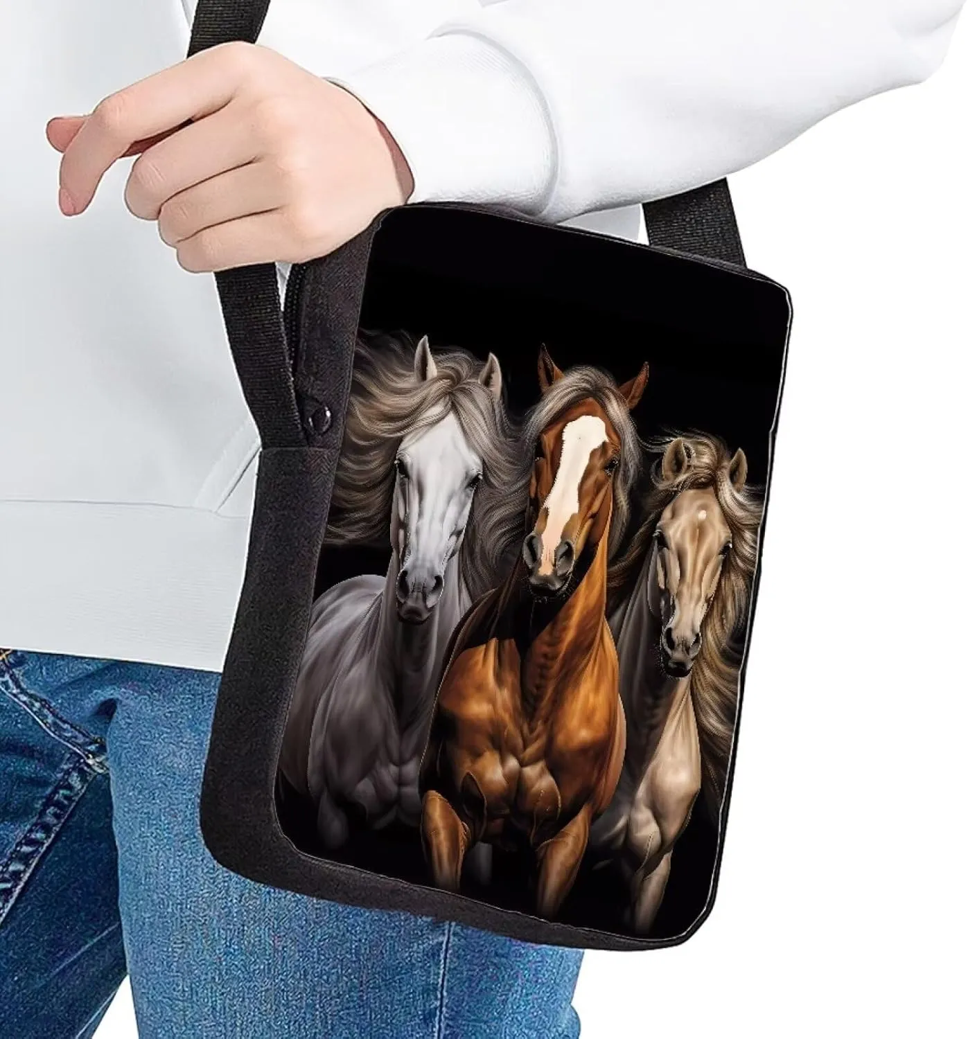 HUGS IDEA Black Horse Print Small Shoulder Messenger Bags Animals Mini Crossbody Handbag Travel Portable Cellphone Pouch Purse Wallet