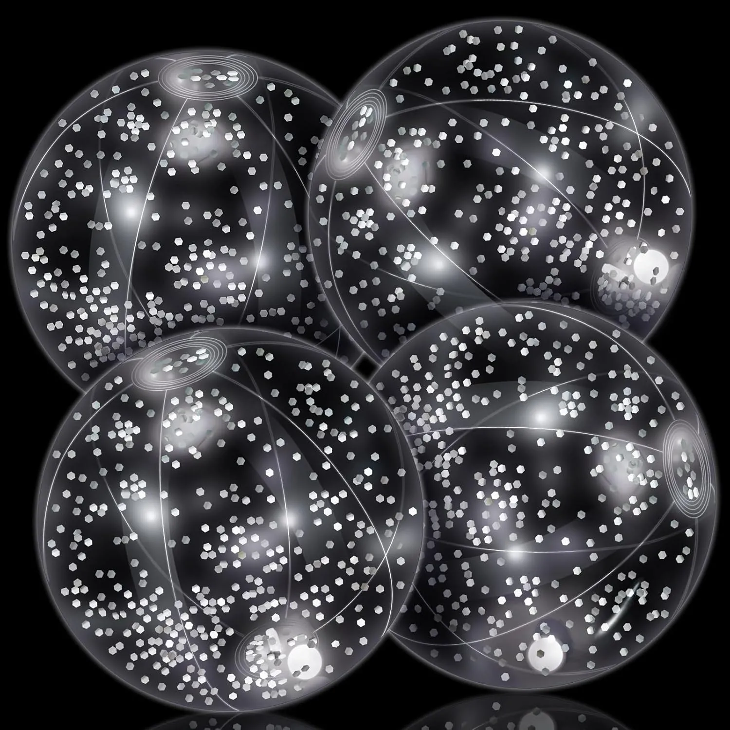 HyDren 4 Pack LED Light up Beach Ball 12 Inches Glow in The Dark Pool Balls Confetti Glitters Inflatable Light up Beach Ball Pool Toys for Teens Adults Summer Disco Party Favors(Silver)