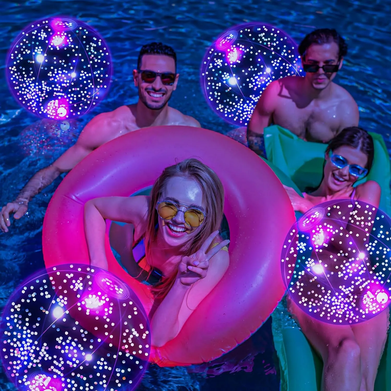 HyDren 4 Pack LED Light up Beach Ball 12 Inches Glow in The Dark Pool Balls Confetti Glitters Inflatable Light up Beach Ball Pool Toys for Teens Adults Summer Disco Party Favors(Silver)