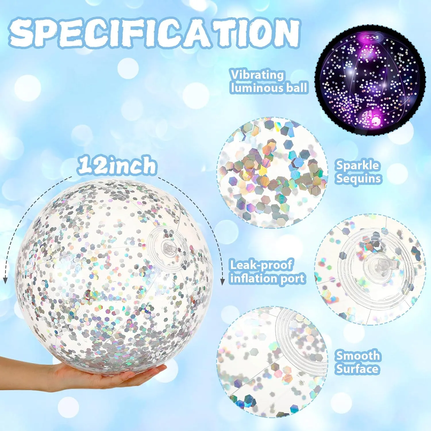 HyDren 4 Pack LED Light up Beach Ball 12 Inches Glow in The Dark Pool Balls Confetti Glitters Inflatable Light up Beach Ball Pool Toys for Teens Adults Summer Disco Party Favors(Silver)