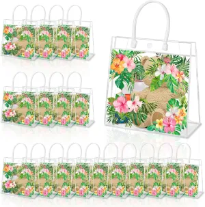 HYMENEX 24 Pcs Hawaiian Gift Bags, Aloha Clear PVC Gift Bag with Handles Luau Goodie Treat Candy Bags for Summer Tropical Aloha Festival Hawaiian Holiday Party Supplies Favor