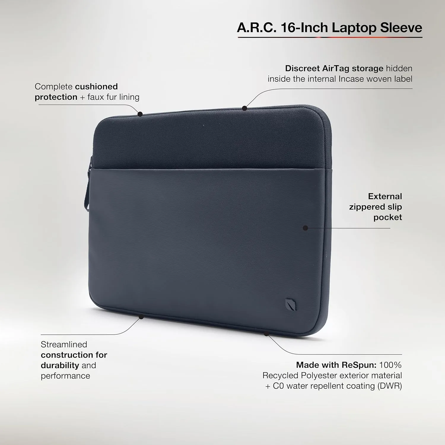 Incase A.R.C. Sleeve with ReSpun 100% Recycled Polyester - MacBook/Laptop & iPad/Tablet Case - Cushioned Faux Fur Lining, External Zippered Slip Pocket (Navy, 16-inch)
