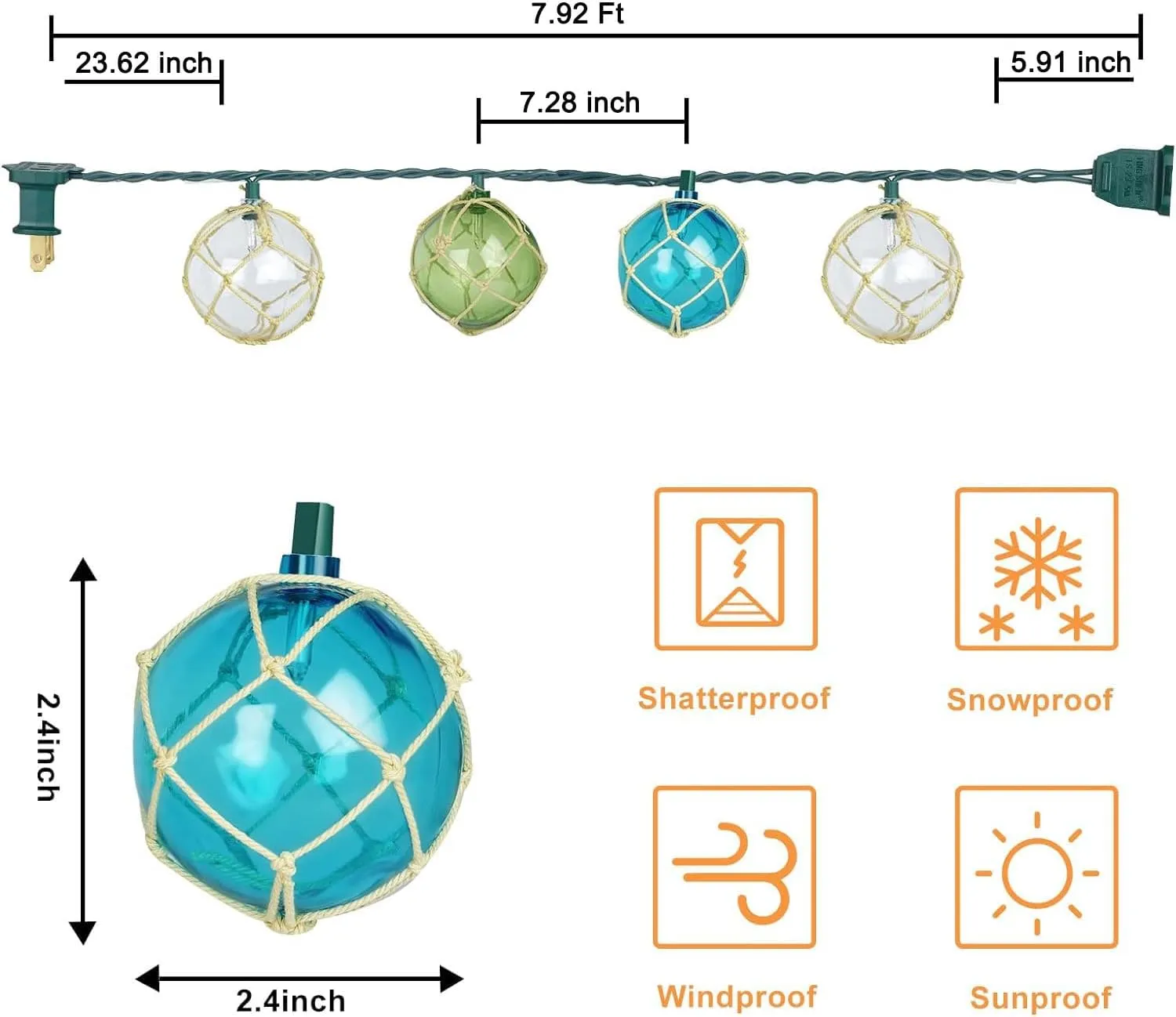 Indoor String Light 10 Nautical Fishing Floats Coastal Buoy Beach Theme Decoration for Bedroom Bathroom Window Christmas Tree, 7.92Ft Indoor Outdoor Use