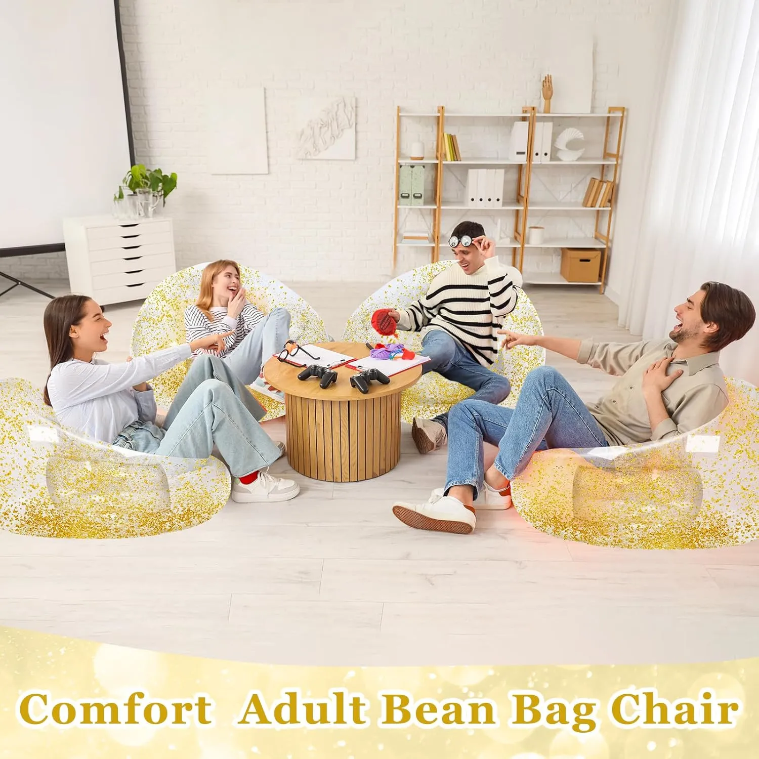 Inflatable Bean Bag Chair for Adult Bean Bag Sofa Chair Blow up Inflatable Furniture for Outdoor Living Room Bedroom Balcony Travel Party Gift Accessories(Gold Glitter,4 Pcs)