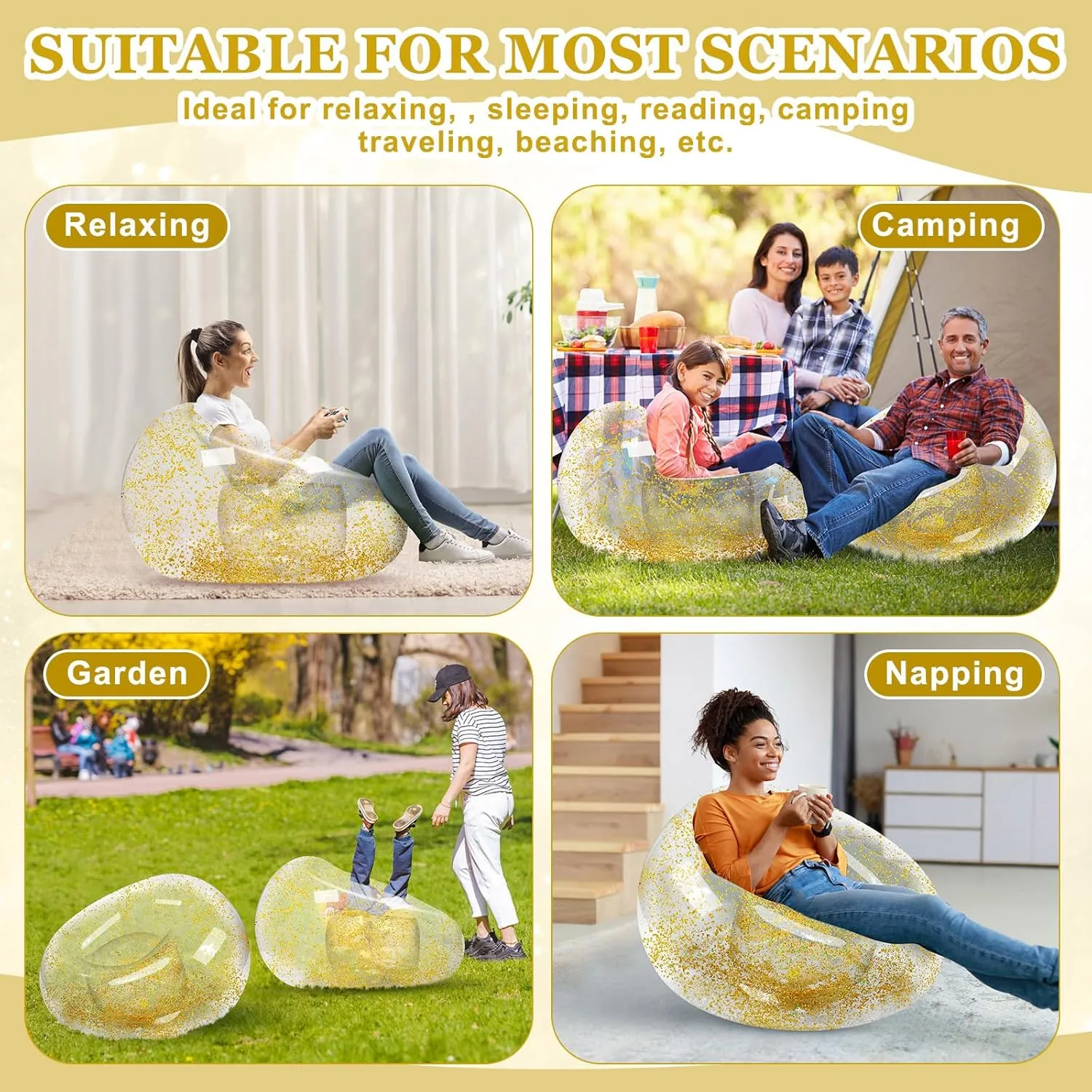 Inflatable Bean Bag Chair for Adult Bean Bag Sofa Chair Blow up Inflatable Furniture for Outdoor Living Room Bedroom Balcony Travel Party Gift Accessories(Gold Glitter,4 Pcs)