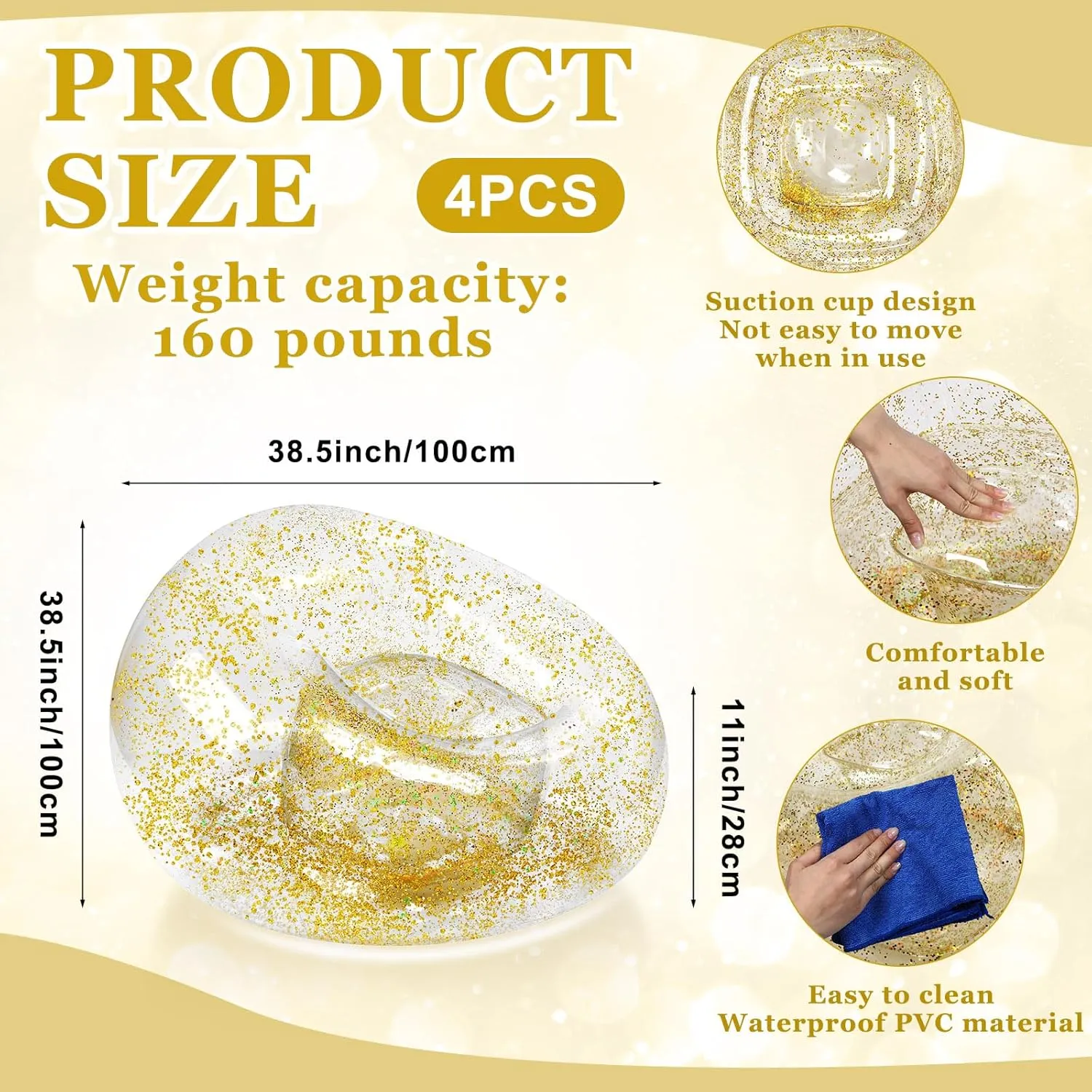 Inflatable Bean Bag Chair for Adult Bean Bag Sofa Chair Blow up Inflatable Furniture for Outdoor Living Room Bedroom Balcony Travel Party Gift Accessories(Gold Glitter,4 Pcs)