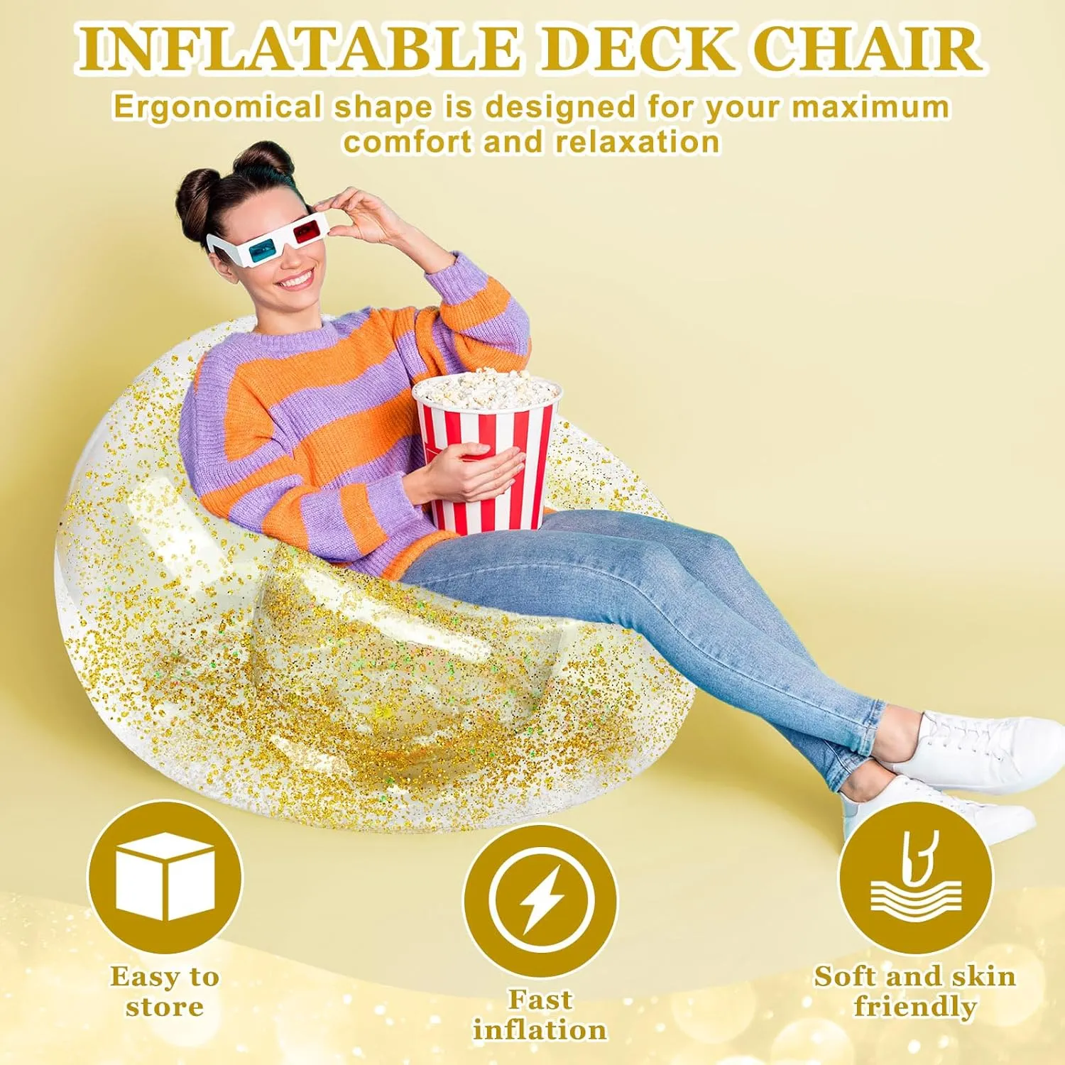 Inflatable Bean Bag Chair for Adult Bean Bag Sofa Chair Blow up Inflatable Furniture for Outdoor Living Room Bedroom Balcony Travel Party Gift Accessories(Gold Glitter,4 Pcs)
