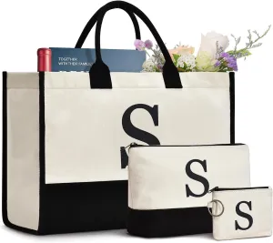 Initial Canvas Tote Bag Birthdays Gift for Women Mom Teacher Friend Bridesmaid,Custom for Wedding Beach Holidays