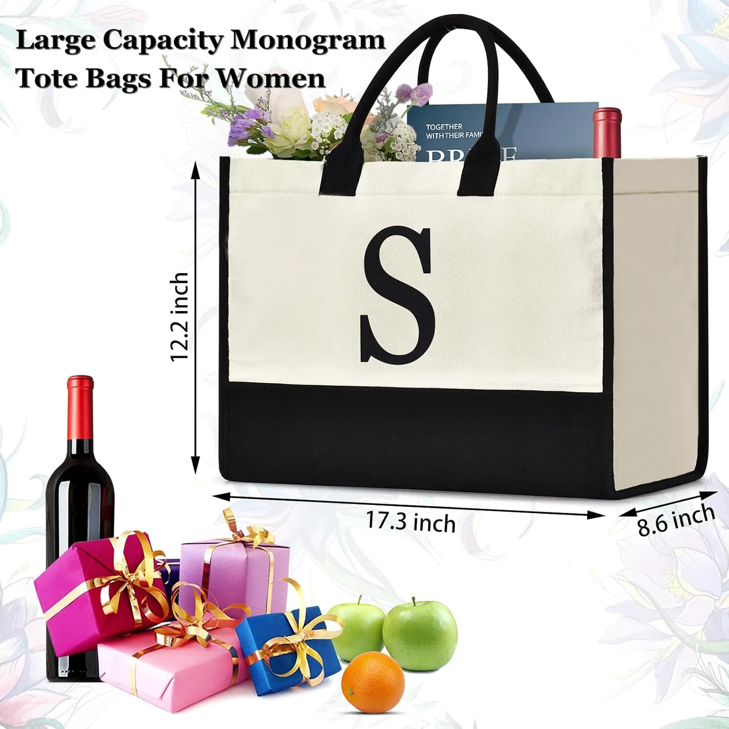 Initial Canvas Tote Bag Birthdays Gift for Women Mom Teacher Friend Bridesmaid,Custom for Wedding Beach Holidays