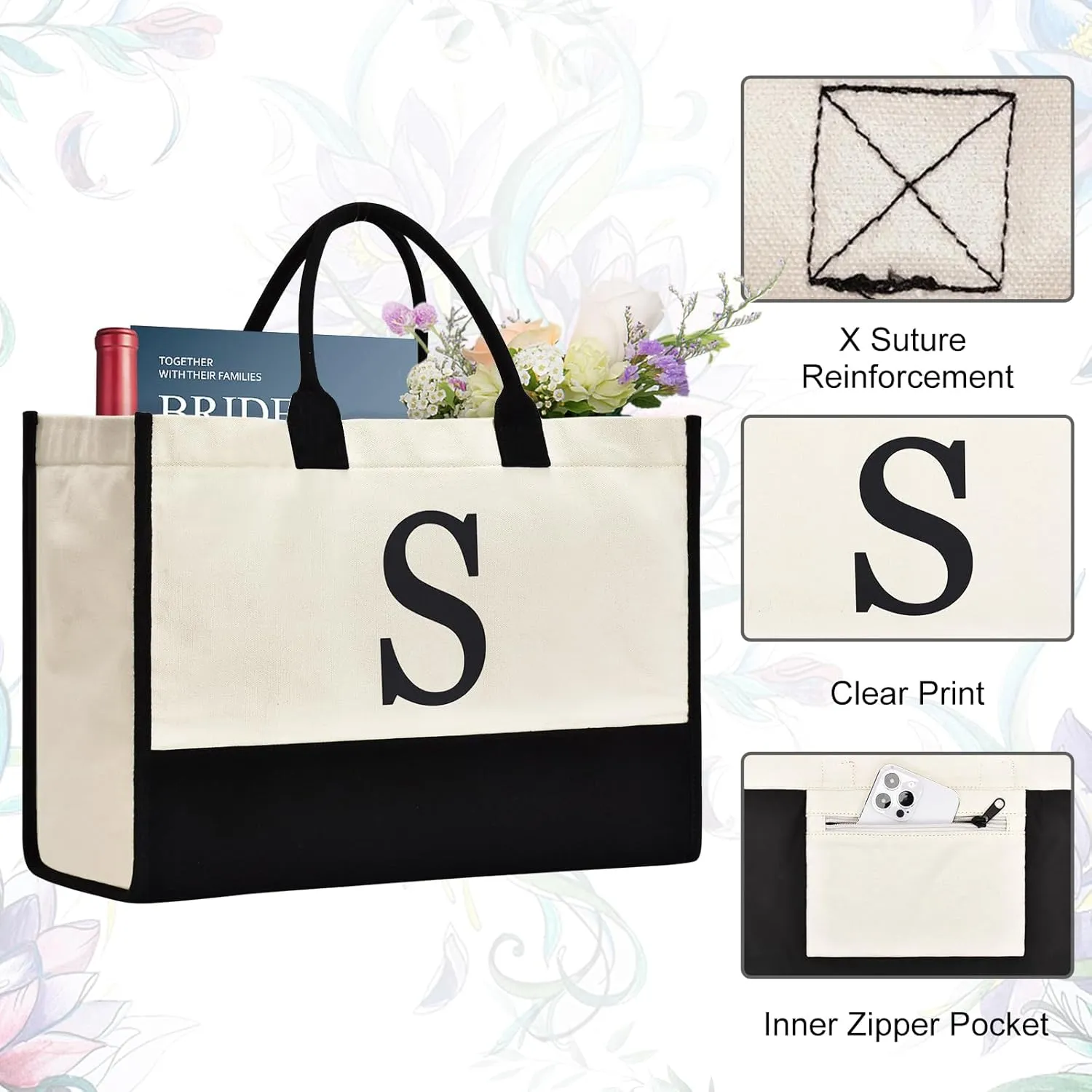 Initial Canvas Tote Bag Birthdays Gift for Women Mom Teacher Friend Bridesmaid,Custom for Wedding Beach Holidays
