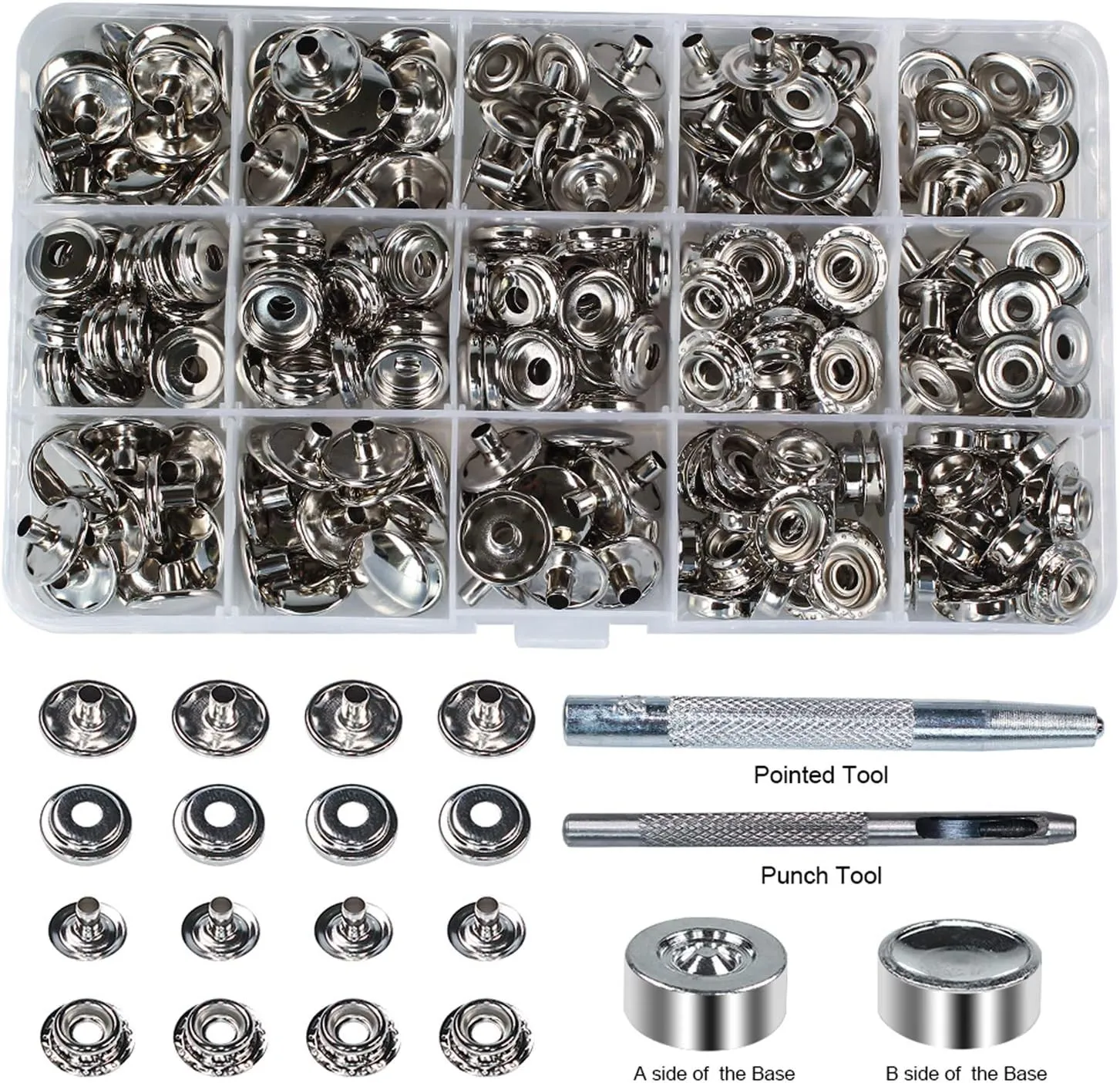 INNEOTC 100 Sets - 12mm(1/2") Metal Line 24 Gunmetal Black Plated Steel Snaps Fastener Leather Rapid Rivet Button Sewing with Seting Tool (12mm, Nickel)