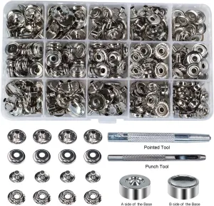 INNEOTC 100 Sets - 12mm(1/2") Metal Line 24 Gunmetal Black Plated Steel Snaps Fastener Leather Rapid Rivet Button Sewing with Seting Tool (12mm, Nickel)