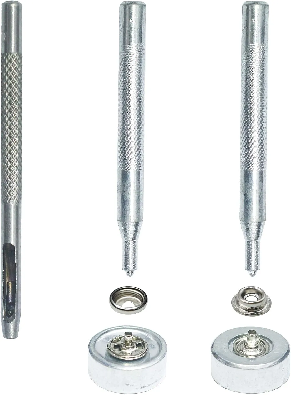 INNEOTC 100 Sets - 12mm(1/2") Metal Line 24 Gunmetal Black Plated Steel Snaps Fastener Leather Rapid Rivet Button Sewing with Seting Tool (12mm, Nickel)