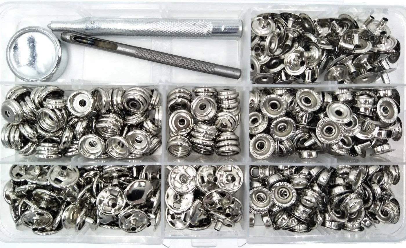 INNEOTC 100 Sets - 12mm(1/2") Metal Line 24 Gunmetal Black Plated Steel Snaps Fastener Leather Rapid Rivet Button Sewing with Seting Tool (12mm, Nickel)