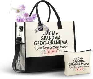 InnoBeta Great Grandma Gifts Canvas Tote Bag, with Top Zipper Closure and Shoulder Strap, Gifts for Great Grandma on Mothers'Day, Birthday, Christmas, I just keep getting better