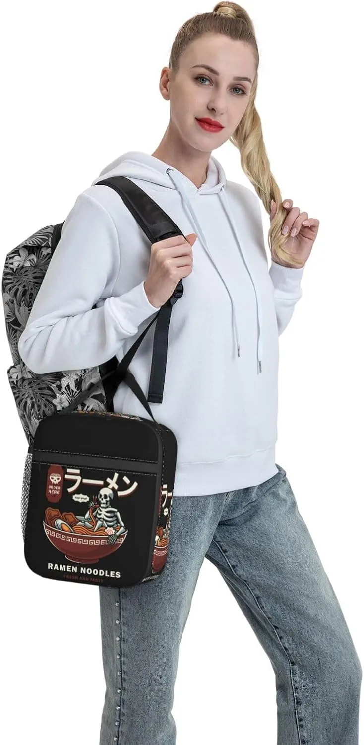 Insulated Lunch Box for Kids Adults Ramen Lunch Box for Work,Picnic,School,Travel,Hiking,Beach or Fishing Polyester Skull Eat Ramen Theme Lunch Bag