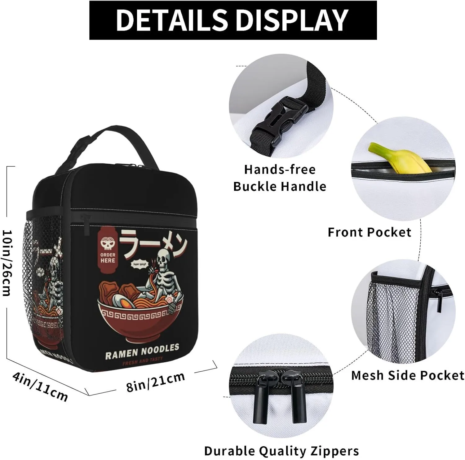 Insulated Lunch Box for Kids Adults Ramen Lunch Box for Work,Picnic,School,Travel,Hiking,Beach or Fishing Polyester Skull Eat Ramen Theme Lunch Bag