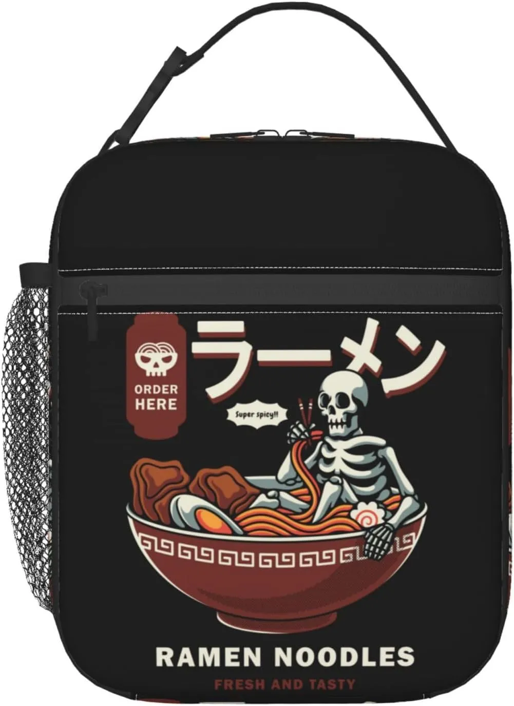 Insulated Lunch Box for Kids Adults Ramen Lunch Box for Work,Picnic,School,Travel,Hiking,Beach or Fishing Polyester Skull Eat Ramen Theme Lunch Bag