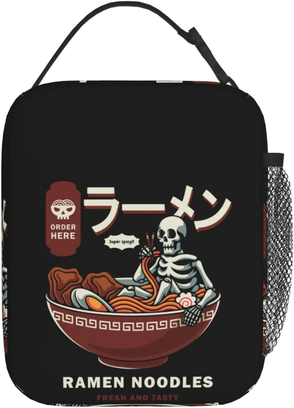 Insulated Lunch Box for Kids Adults Ramen Lunch Box for Work,Picnic,School,Travel,Hiking,Beach or Fishing Polyester Skull Eat Ramen Theme Lunch Bag