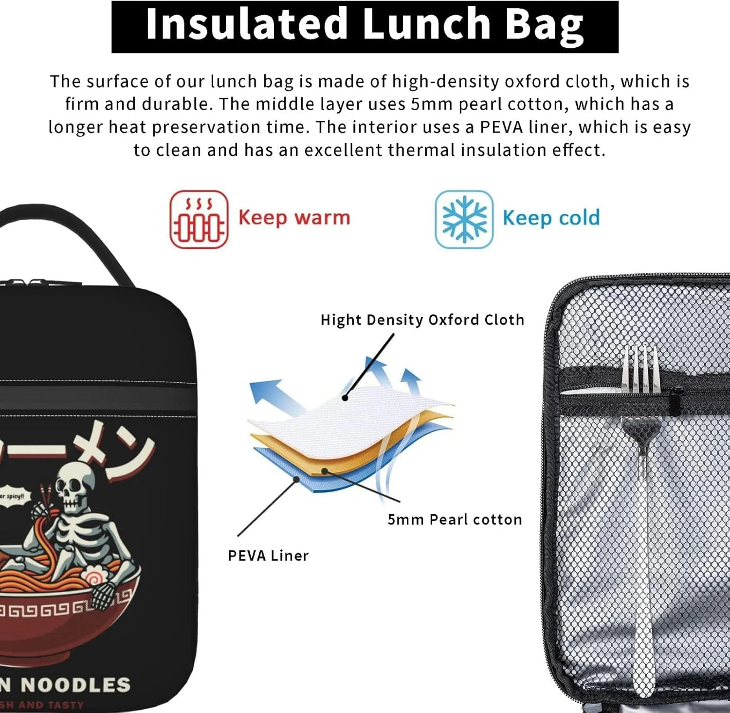 Insulated Lunch Box for Kids Adults Ramen Lunch Box for Work,Picnic,School,Travel,Hiking,Beach or Fishing Polyester Skull Eat Ramen Theme Lunch Bag