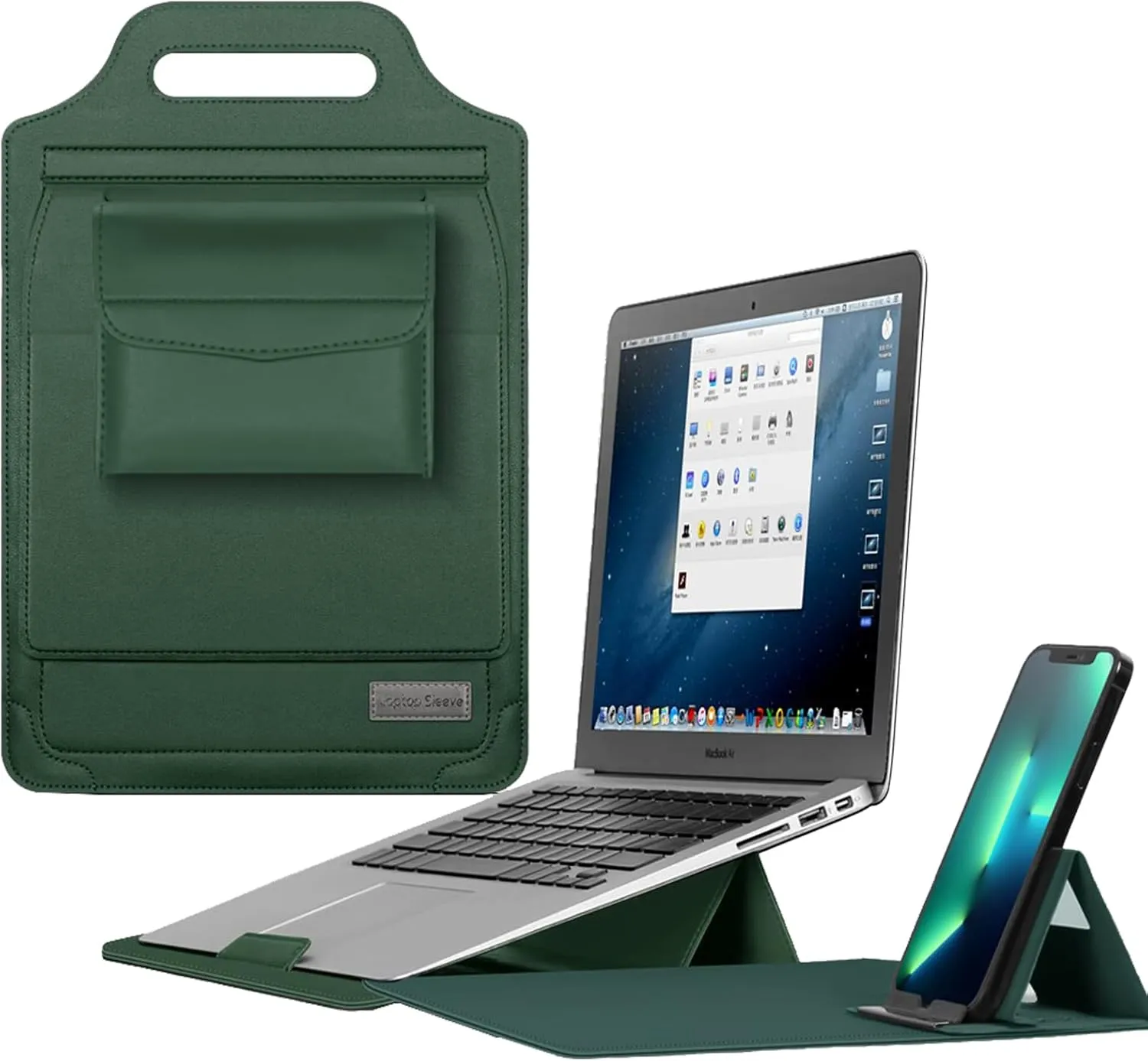 IVY 13 14 Inch Portable Laptops Sleeves with Handbag Stand Phone Holder Storage Bag Mouse Pad for MacBook Air Pro Retina M1 M2 Surface HP Lenovo Dell ASUS Acer Samsung Laptops Bag Case Cover - Green