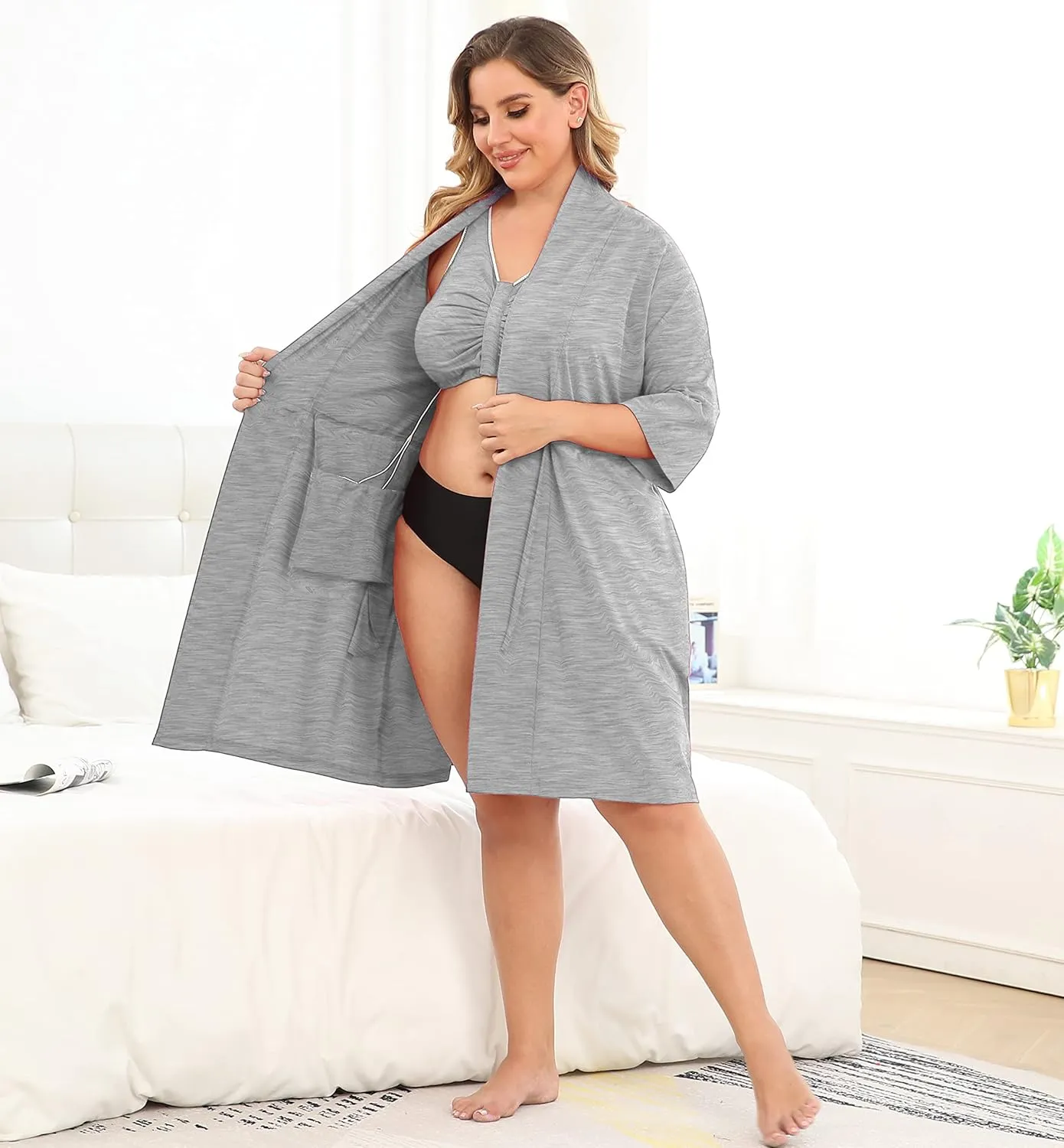 JANE'S CUTIE Post Surgery Mastectomy Robe Women with 4 Internal Drain Pockets 3/4 Sleeves Night Gowns Pajama Dress Shirts