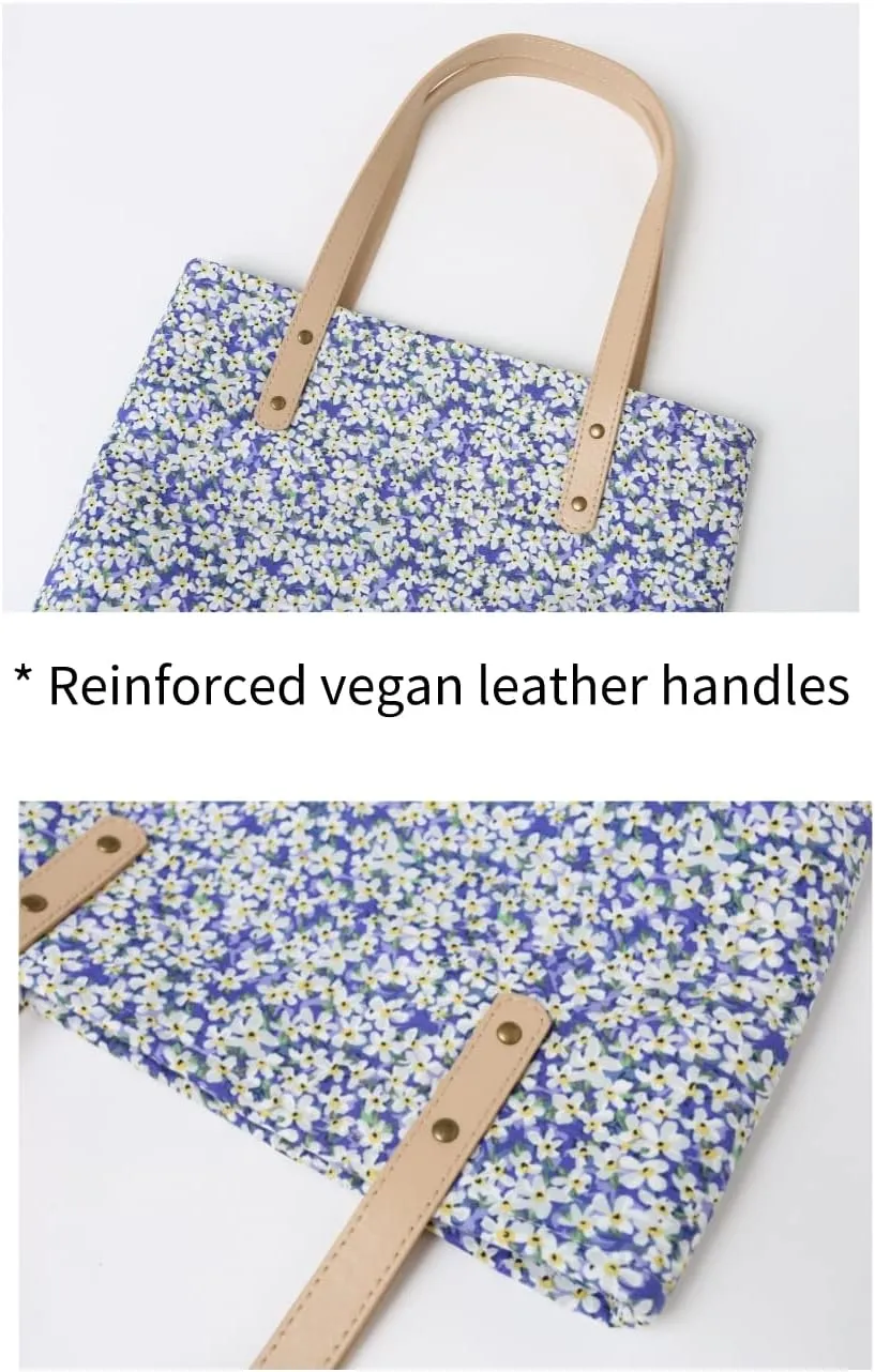 Jeelow Floral Cotton Canvas Tote Handbag with Vegan Leather Handles for Women - Lightweight Shoulder Bag Purse Snap Closure