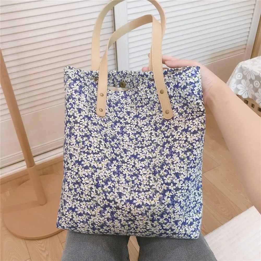 Jeelow Floral Cotton Canvas Tote Handbag with Vegan Leather Handles for Women - Lightweight Shoulder Bag Purse Snap Closure
