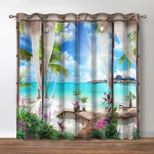 Jekeno Sunlight Beach Blackout Curtains - Tropical Ocean Sea Island Palm Tree Summer Nature Scape Print Decor Home Apartment Bedroom Living Room Grommet Window Drapes 2 Panels Set,42x54 Inch