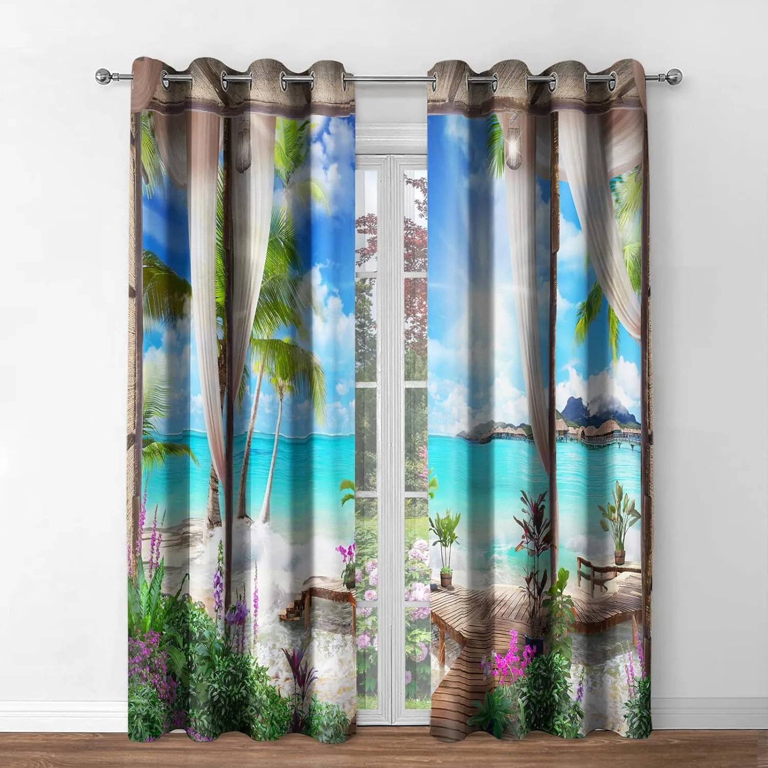 Jekeno Sunlight Beach Blackout Curtains - Tropical Ocean Sea Island Palm Tree Summer Nature Scape Print Decor Home Apartment Bedroom Living Room Grommet Window Drapes 2 Panels Set,42x54 Inch