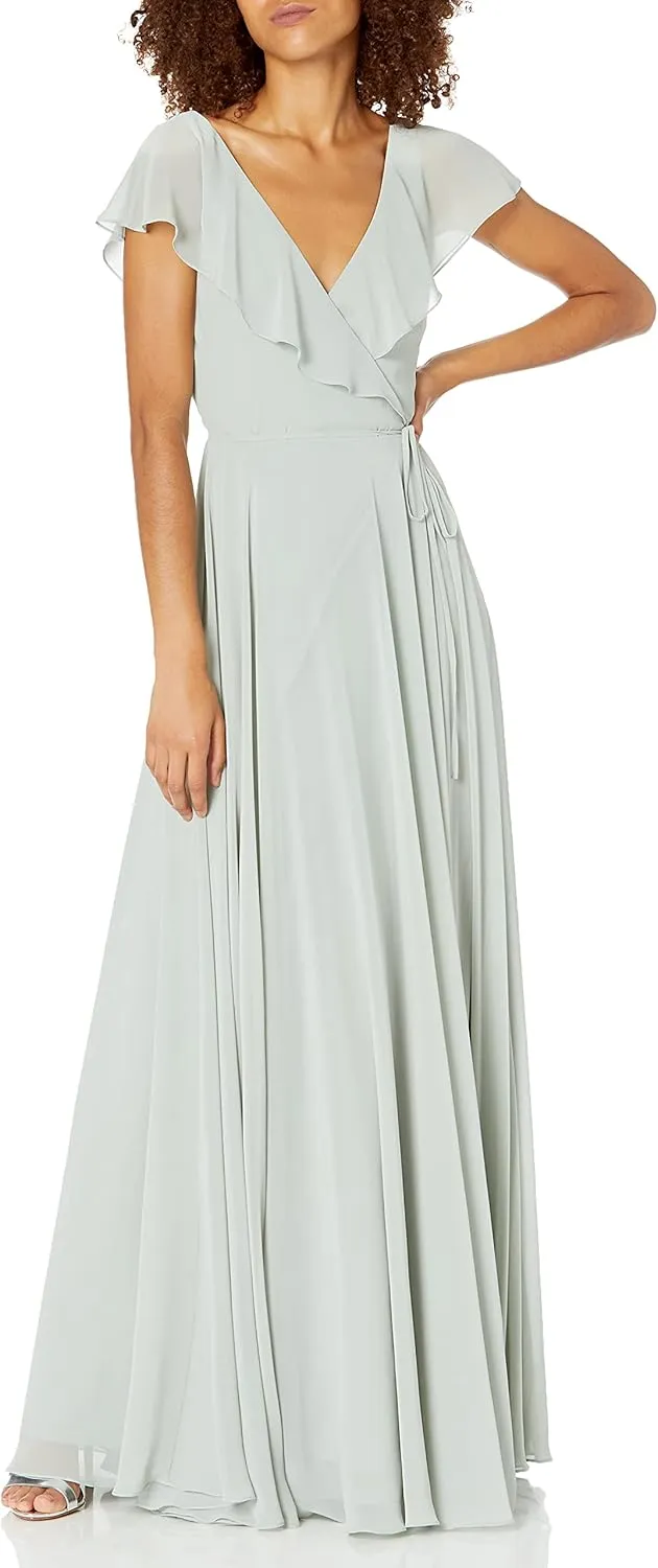 Jenny Yoo Women's Faye Flutter Sleeve V Neck Long Chiffon Wrap Dress