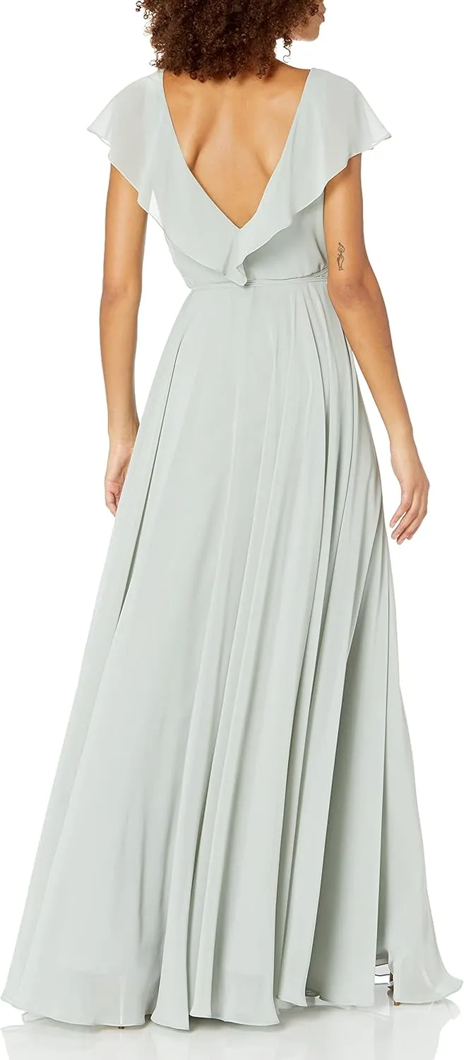 Jenny Yoo Women's Faye Flutter Sleeve V Neck Long Chiffon Wrap Dress