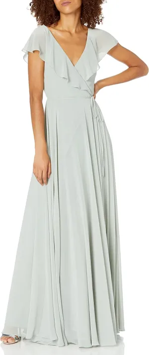Jenny Yoo Women's Faye Flutter Sleeve V Neck Long Chiffon Wrap Dress