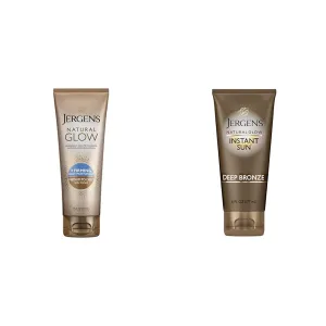 Jergens Natural Glow   Firming Daily Moisturizer Medium to Tan Skin Tones 7.5oz & Natural Glow Instant Sun Sunless Tanning Moisturizer   Bronzer, Self Tanner, Deep Bronze, for Natural-Looking Tan