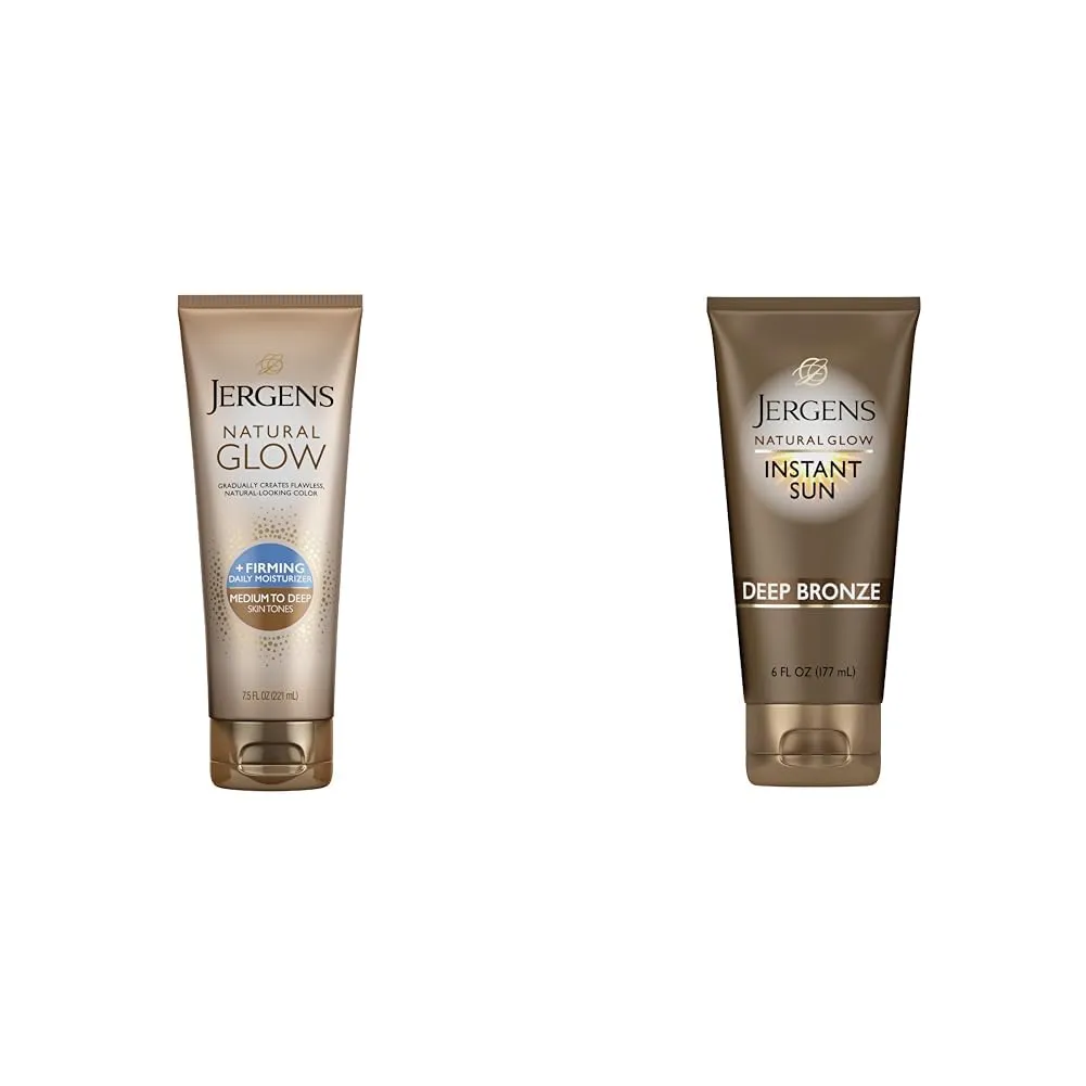 Jergens Natural Glow   Firming Daily Moisturizer Medium to Tan Skin Tones 7.5oz & Natural Glow Instant Sun Sunless Tanning Moisturizer   Bronzer, Self Tanner, Deep Bronze, for Natural-Looking Tan