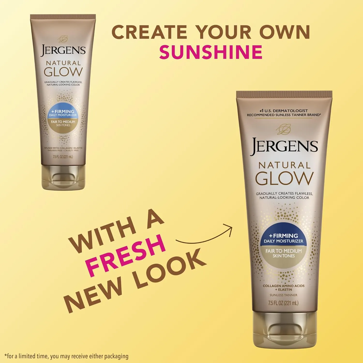 Jergens Natural Glow  Firming Self Tanner Body Lotion, Fair to Medium Skin Tone, Sunless Tanning Moisturizer with Collagen and Elastin. Helps to Visibly Reduce Cellulite, 7.5 Fl Oz (Pack of 2)