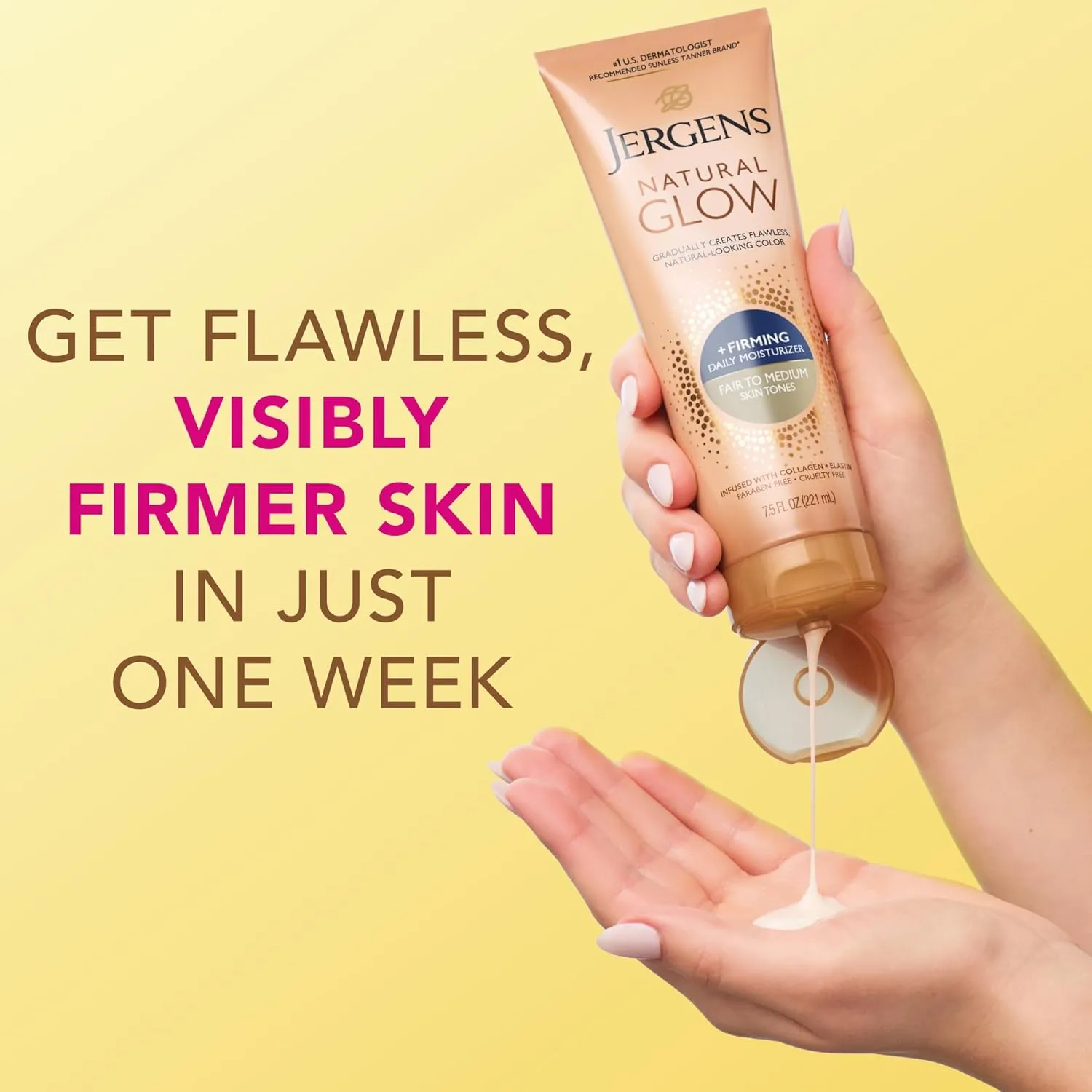 Jergens Natural Glow  Firming Self Tanner Body Lotion, Fair to Medium Skin Tone, Sunless Tanning Moisturizer with Collagen and Elastin. Helps to Visibly Reduce Cellulite, 7.5 Fl Oz (Pack of 2)