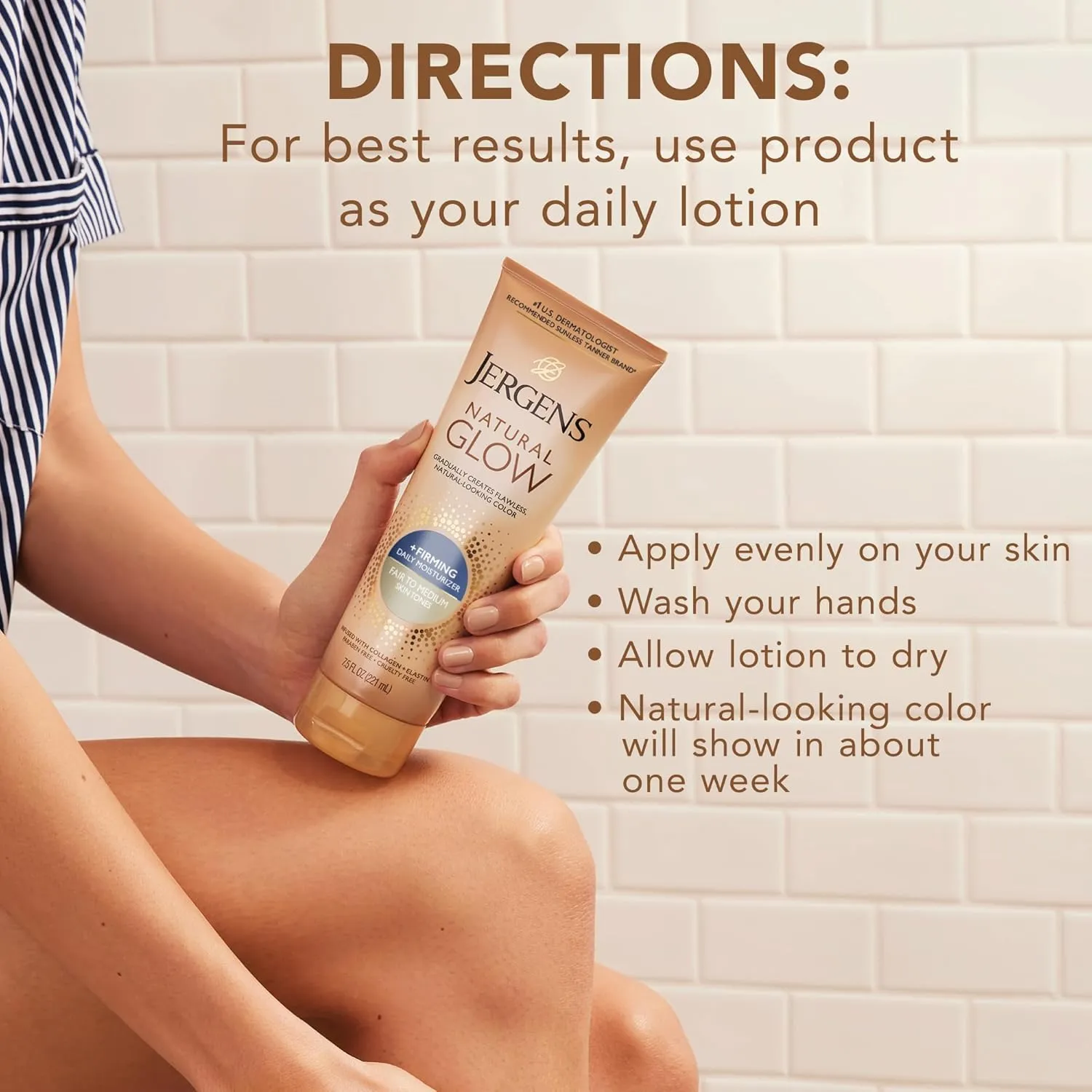 Jergens Natural Glow  Firming Self Tanner Body Lotion, Fair to Medium Skin Tone, Sunless Tanning Moisturizer with Collagen and Elastin. Helps to Visibly Reduce Cellulite, 7.5 Fl Oz (Pack of 2)