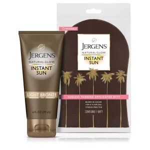 Jergens Natural Glow Instant Sun Bundle: Light Bronze Sunless Tanning Moisturizer   Bronzing Lotion 6oz Bottle and Applicator Mitt