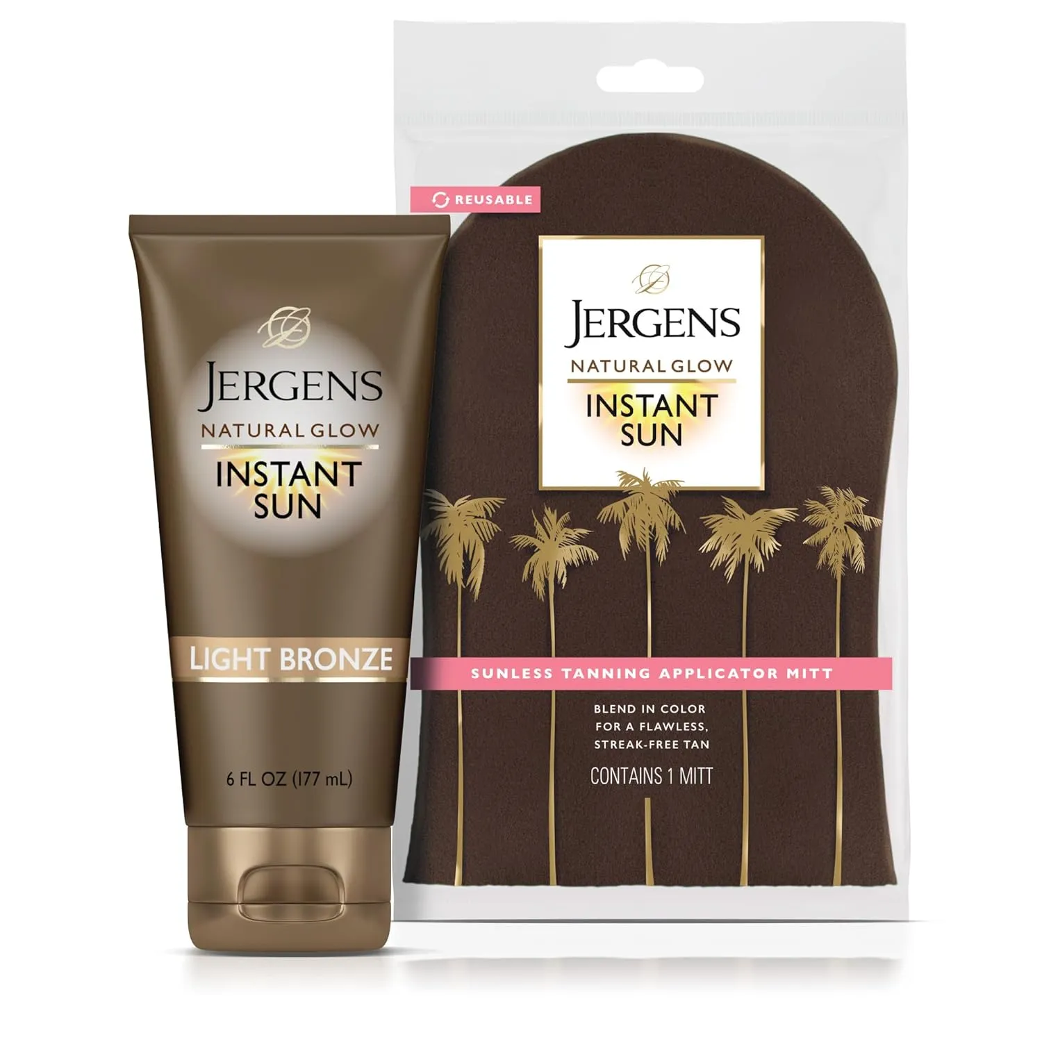 Jergens Natural Glow Instant Sun Bundle: Light Bronze Sunless Tanning Moisturizer   Bronzing Lotion 6oz Bottle and Applicator Mitt