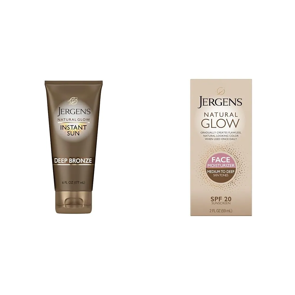 Jergens Natural Glow Instant Sun Sunless Tanning Moisturizer & Natural Glow Self Tanner Face Moisturizer, SPF 20 Facial Sunscreen, Medium to Deep Skin Tone, Sunless Tanning, Oil Free