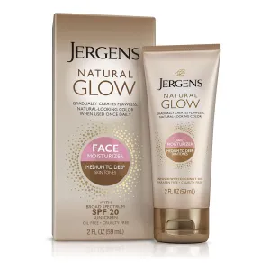 Jergens Natural Glow Self Tanner Face Moisturizer with SPF 20 Facial Sunscreen, Medium to Deep Skin Tone, Sunless Tanning, Oil Free, Broad Spectrum Protection UVA and UVB, 2 oz (Packaging May Vary)