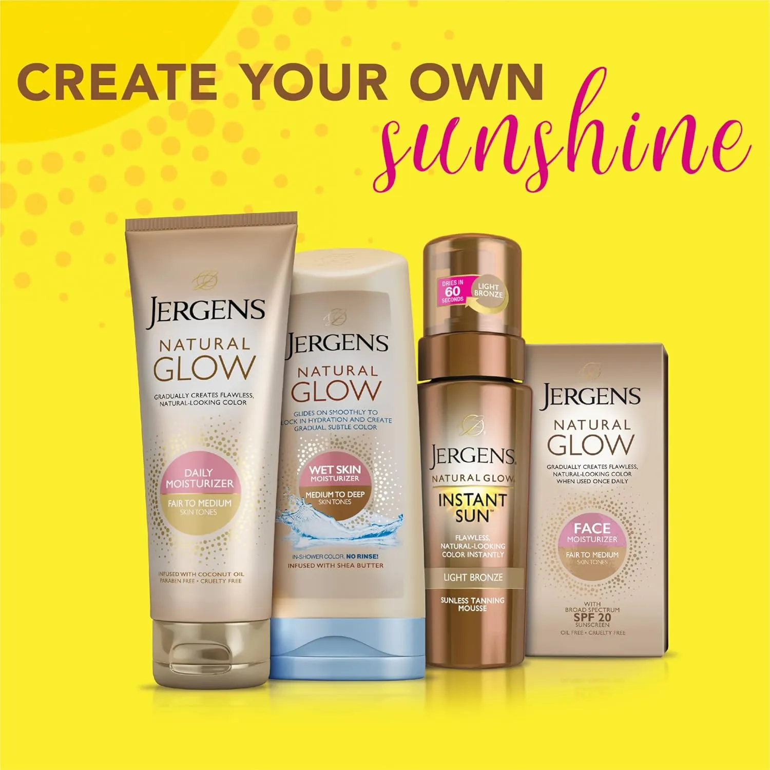 Jergens Natural Glow Self Tanner Face Moisturizer with SPF 20 Facial Sunscreen, Medium to Deep Skin Tone, Sunless Tanning, Oil Free, Broad Spectrum Protection UVA and UVB, 2 oz (Packaging May Vary)