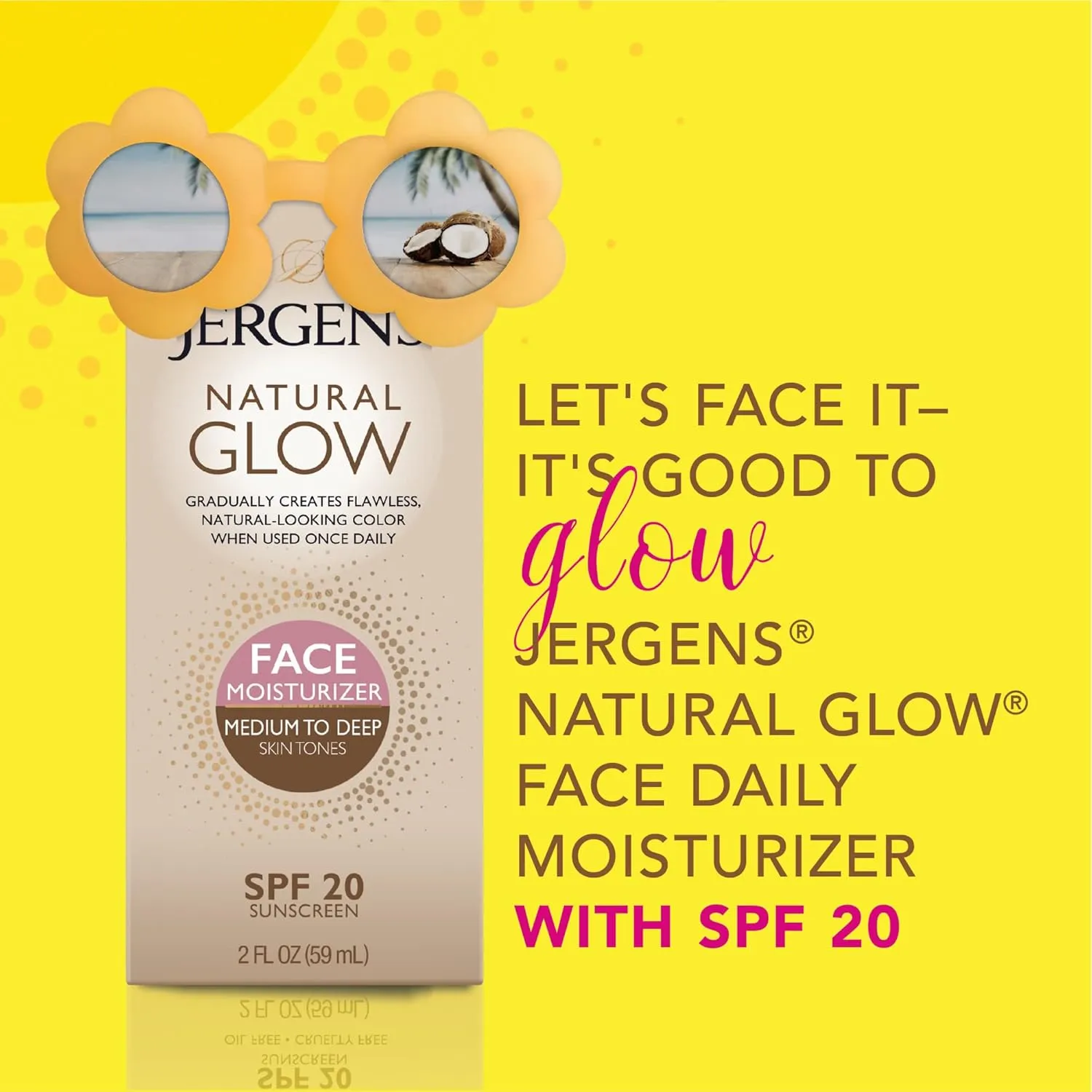 Jergens Natural Glow Self Tanner Face Moisturizer with SPF 20 Facial Sunscreen, Medium to Deep Skin Tone, Sunless Tanning, Oil Free, Broad Spectrum Protection UVA and UVB, 2 oz (Packaging May Vary)