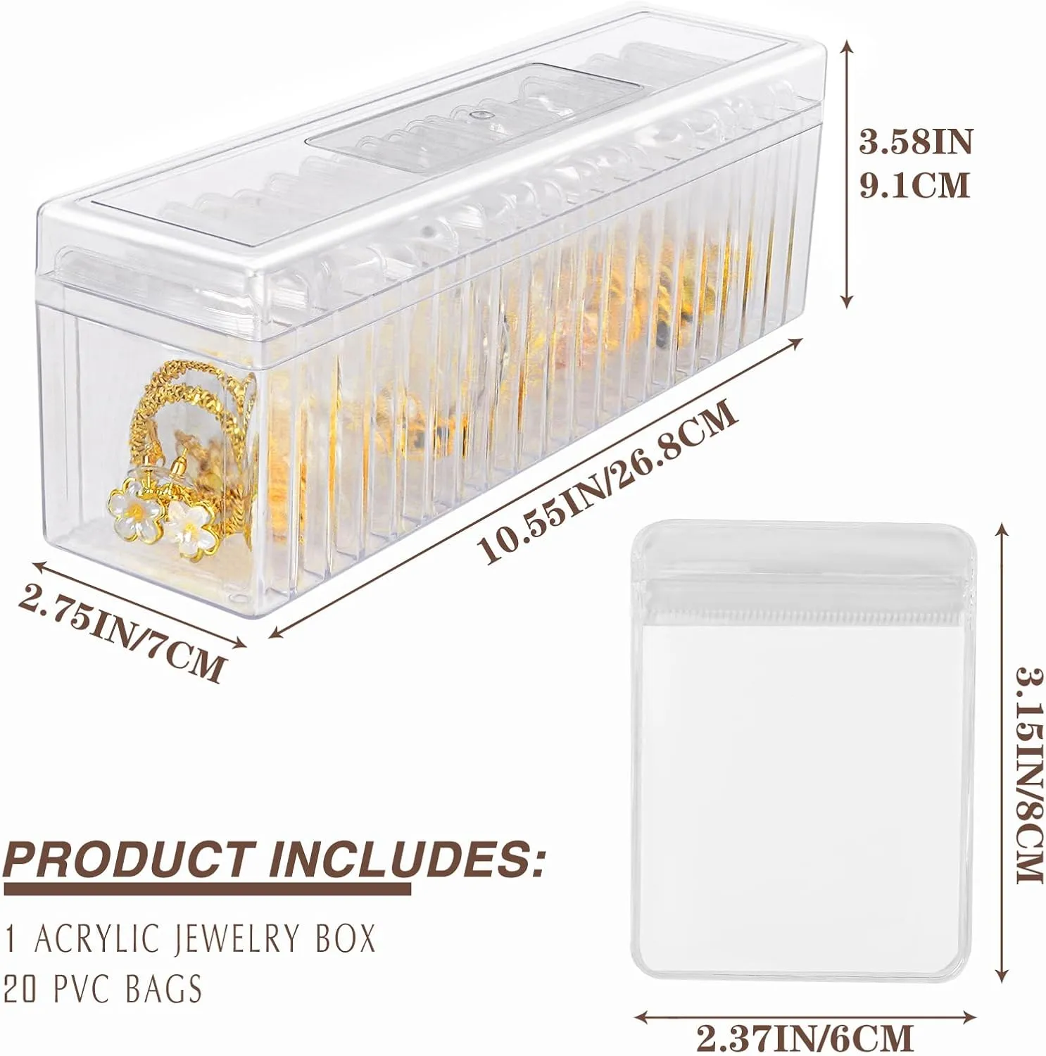 Jewelry Box Organizer Clear Acrylic With Lid Travel Jewelry Case With Jewelry bags, for Earrings Rings Necklaces Organizer Box (1 Piece Small Clear Jewelry Box, With 20pcs Jewelry Bags)