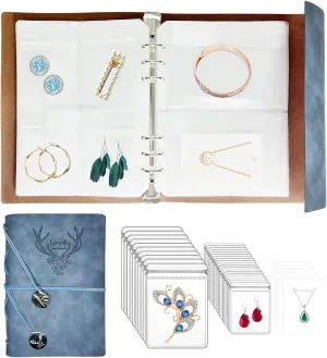 Jewelry Storage Book, PU Leather Travel Jewelry Organizer with Anti-drop Pockets, Portable Earrings Booklet with Transparent Jewelry Bags for Rings, Postcard(70 Grids 70 Anti Oxidation PVC Bags)