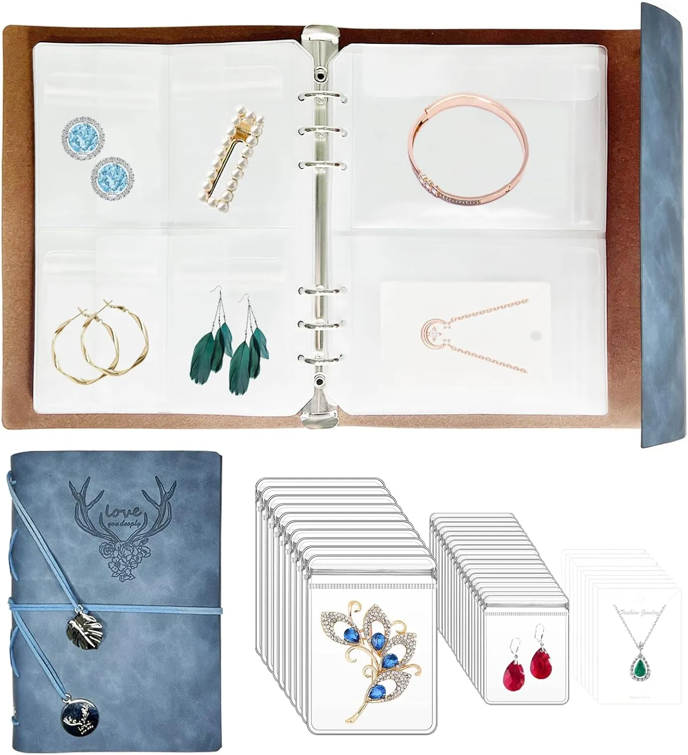 Jewelry Storage Book, PU Leather Travel Jewelry Organizer with Anti-drop Pockets, Portable Earrings Booklet with Transparent Jewelry Bags for Rings, Postcard(70 Grids 70 Anti Oxidation PVC Bags)