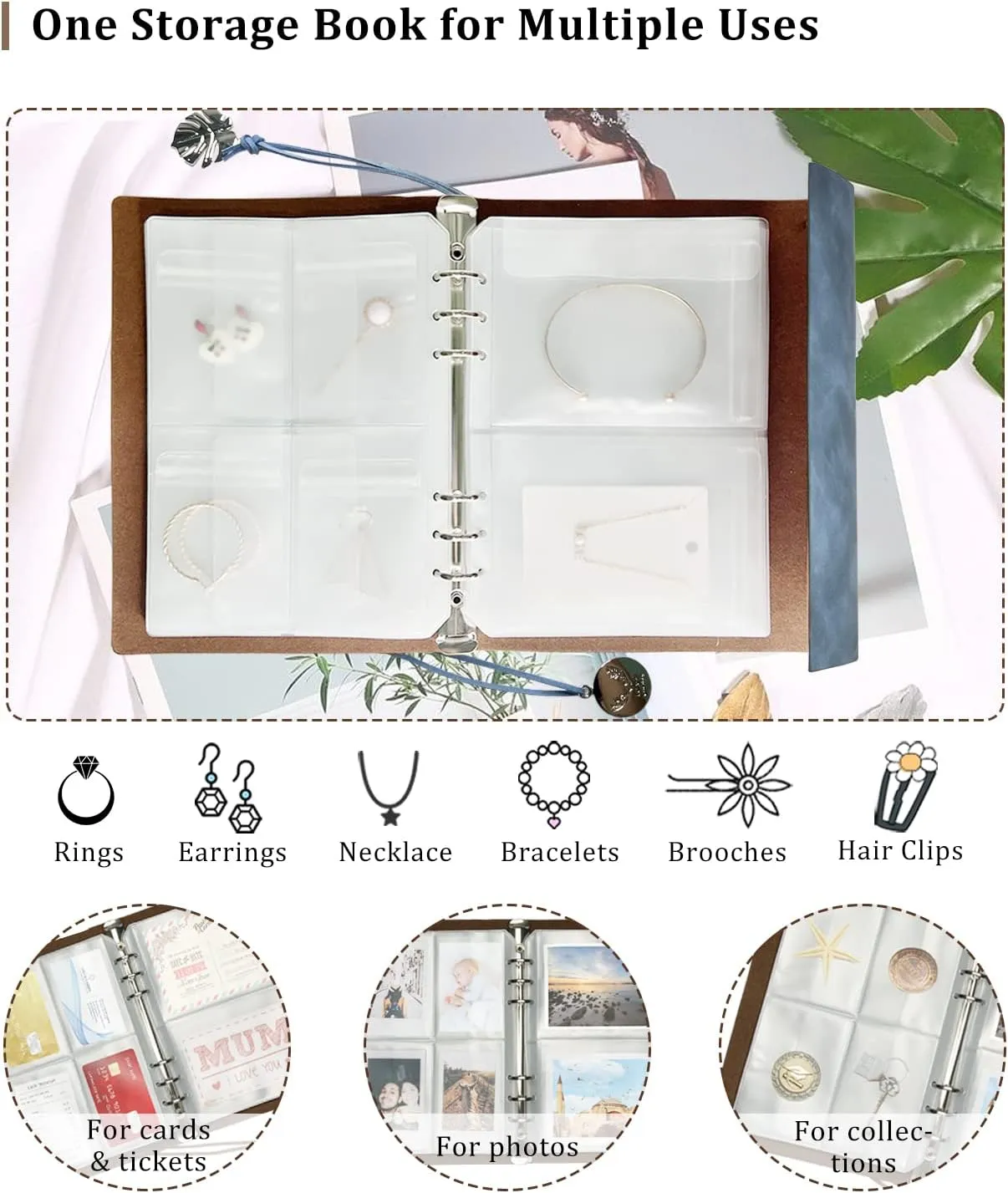 Jewelry Storage Book, PU Leather Travel Jewelry Organizer with Anti-drop Pockets, Portable Earrings Booklet with Transparent Jewelry Bags for Rings, Postcard(70 Grids 70 Anti Oxidation PVC Bags)